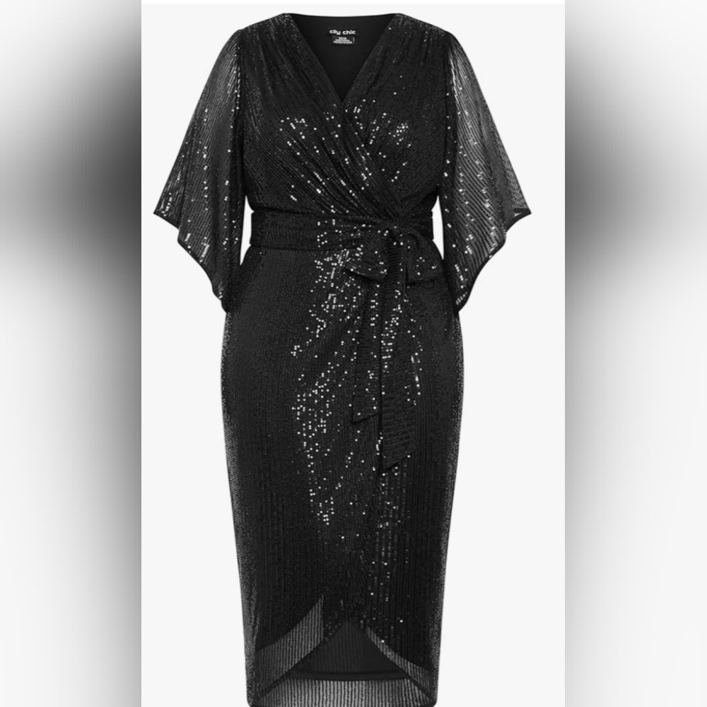 City Chic Black Sequin Paige Faux Wrap Cocktail Dress, NWT Sz L/20 - Picture 4 of 12